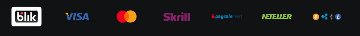 Payment method icons including Blik, Visa, Mastercard, Skrill, Paysafecard, Neteller, and cryptocurrency options (Bitcoin, Ethereum, Litecoin).