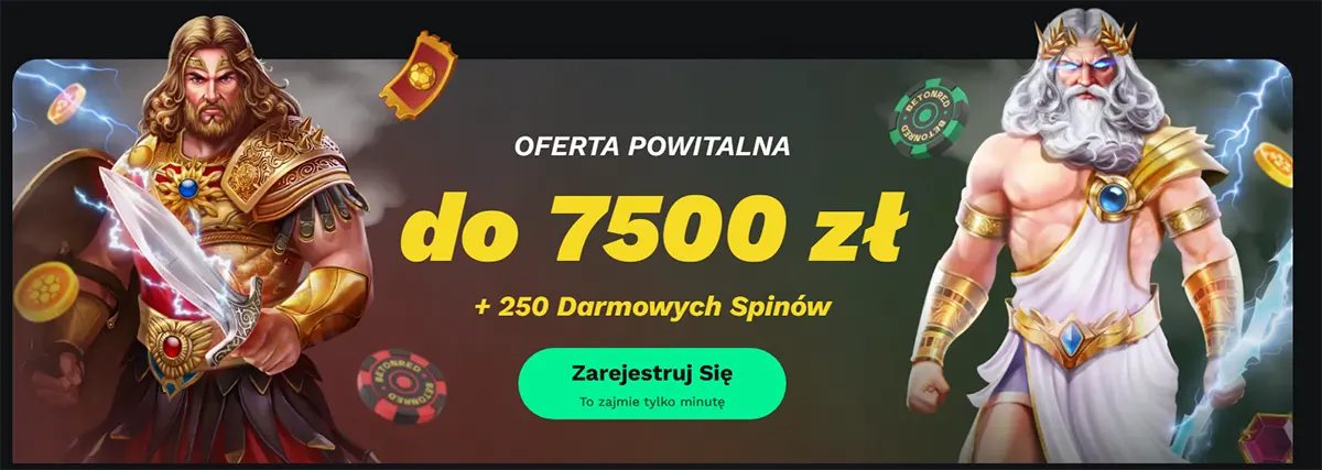 Polish welcome offer banner featuring gods with lightning and coins, advertising “do 7500 zł” and “+250 darmowych spinów” (250 free spins), with a “Zarejestruj Się” (Sign up) green button.