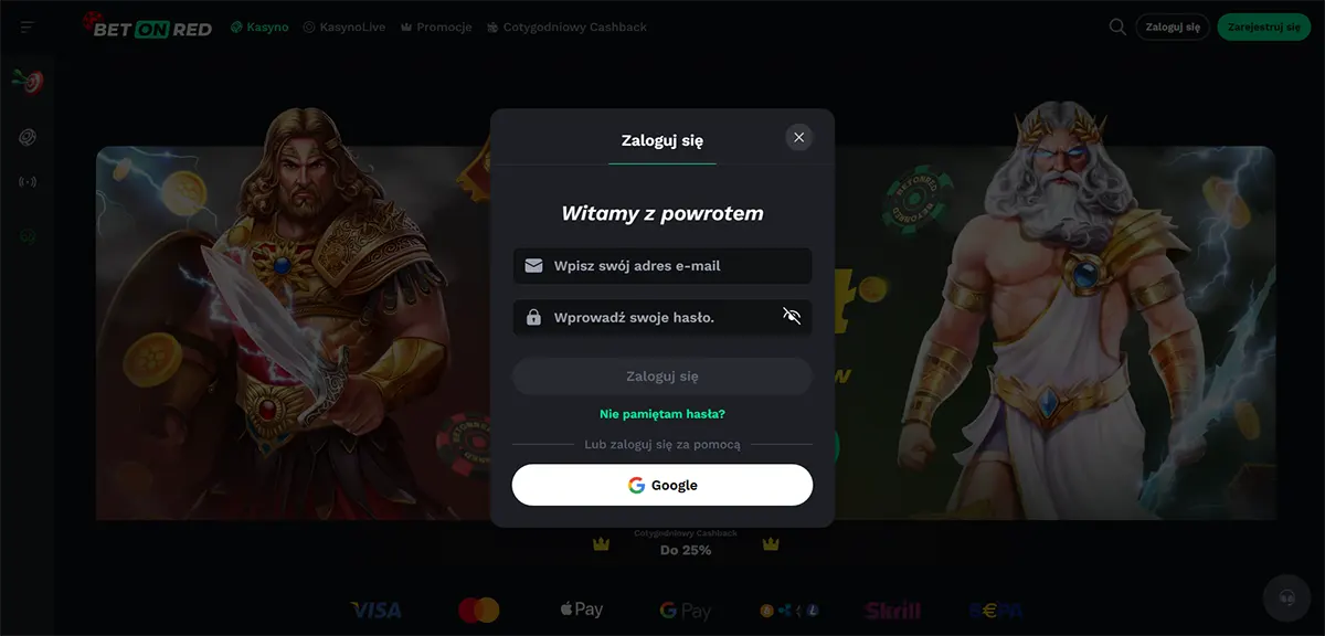Polish login modal for BetOnRed with a dark theme, showing a 